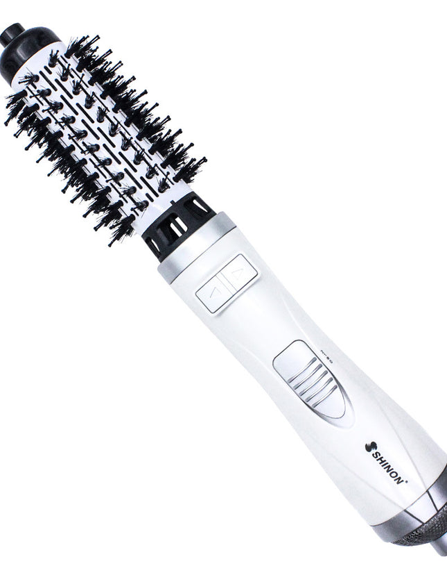 Professional 2-in-1 rotating hot air brush and hair volumizer in white and silver.
