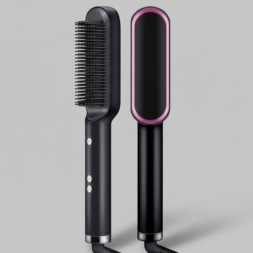 Black hair straightening brush with pink accents on a dark purple background