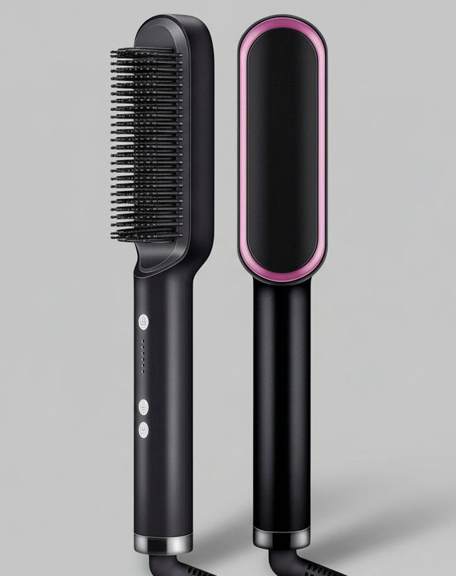 Black hair straightening brush with pink accents on a dark purple background
