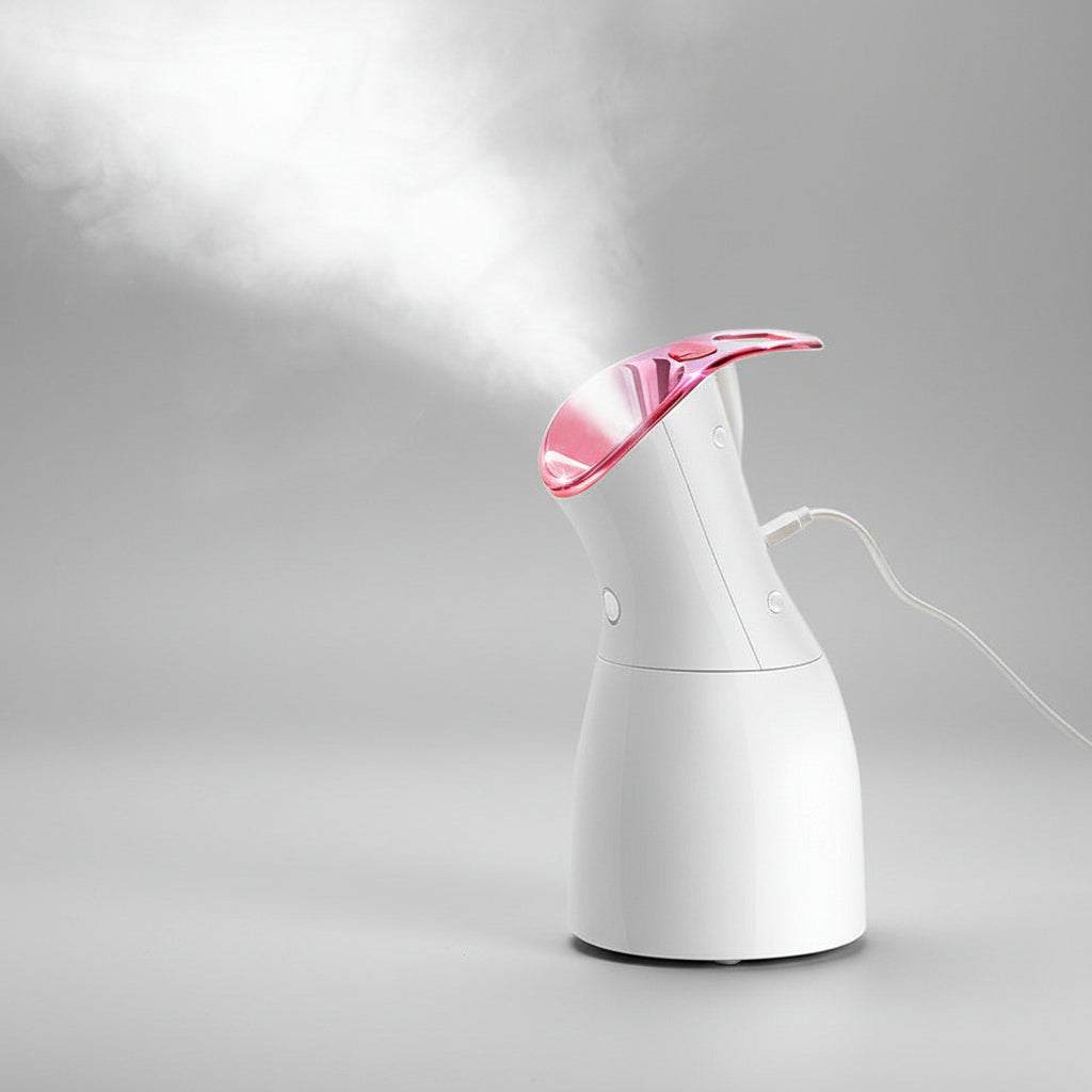 White handheld steamer with pink top emitting steam on a dark background