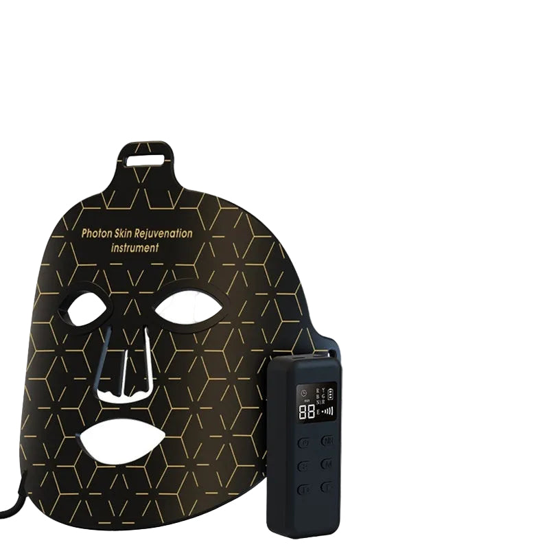 Black face mask with digital display on a white background
