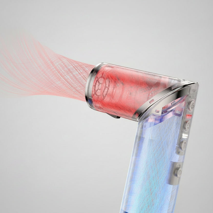 Hair dryer with innovative air duct design on a gray background