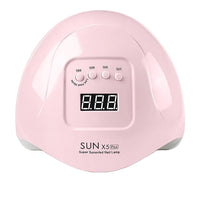 Pink nail lamp with digital display and EU-220V European plug on a white background