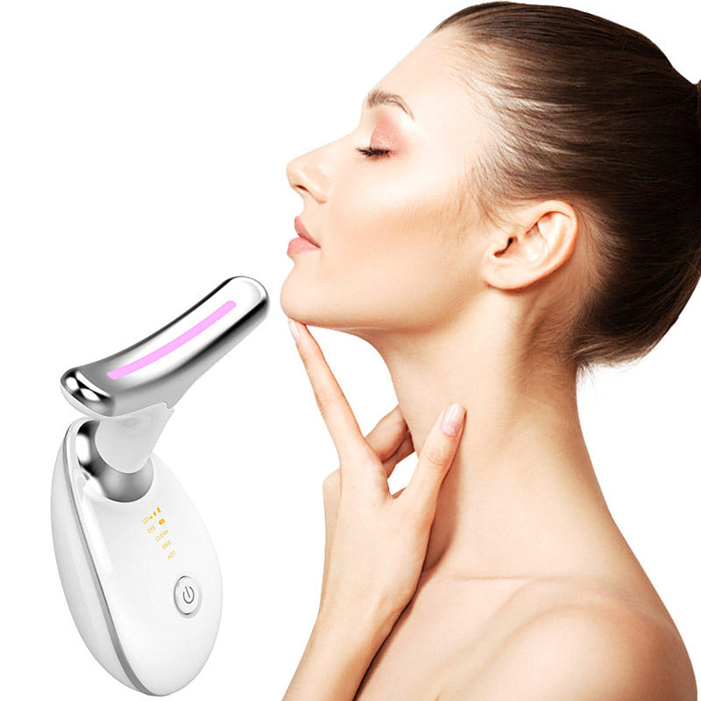 White 7-in-1 professional face and neck massager featuring a curved head and digital display.