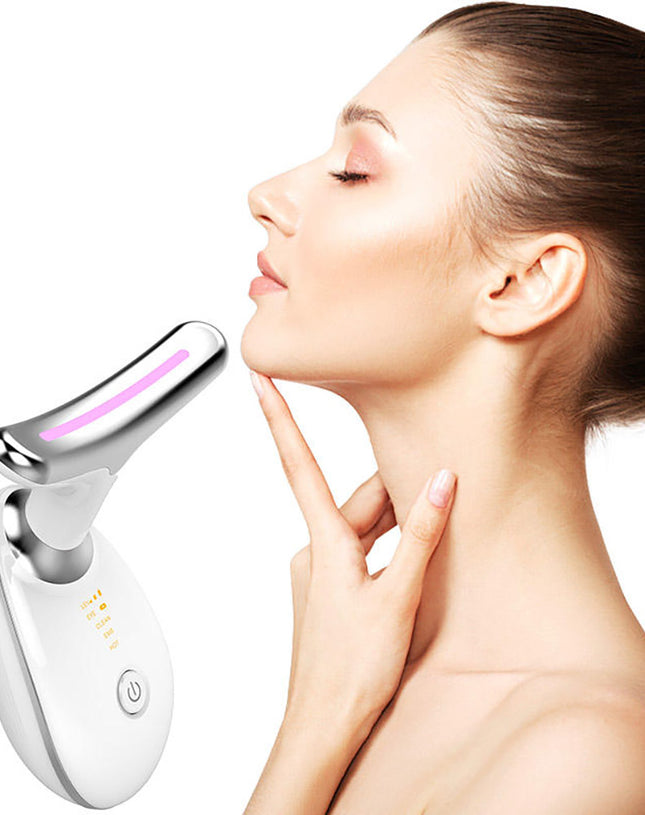 White 7-in-1 professional face and neck massager featuring a curved head and digital display.