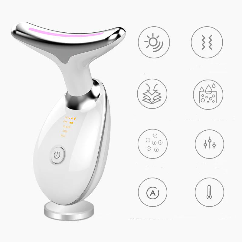 A sleek, white microcurrent lifting device resting on a vanity, highlighting its portable USB rechargeable design.