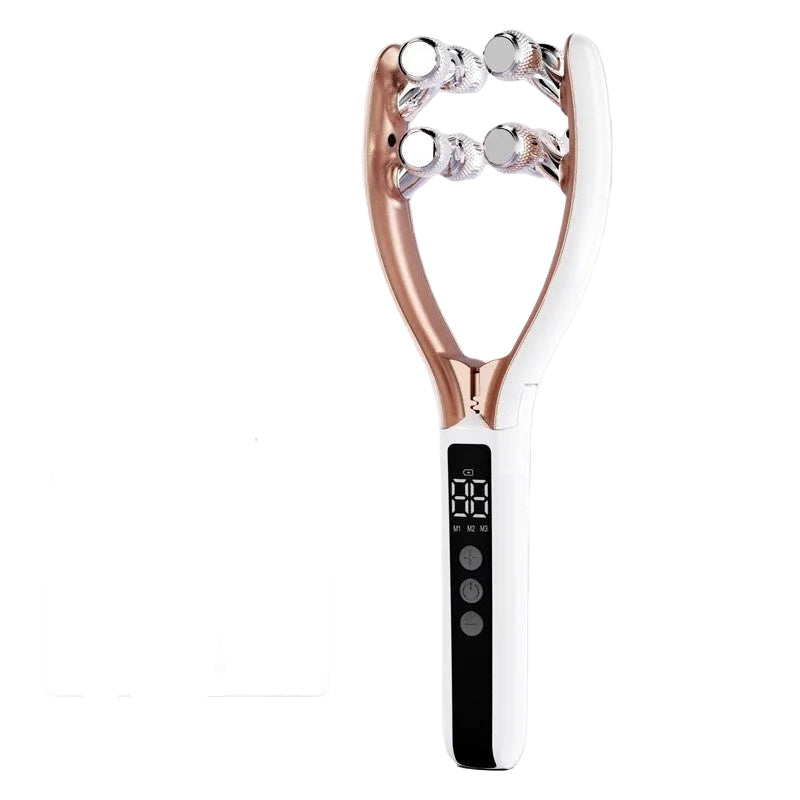 White and rose gold electronic device with digital display on a light gray background