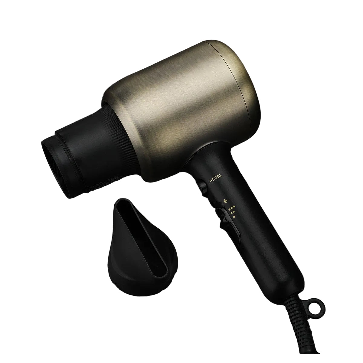 Black and gold hair dryer on a gray marble surface with a box in the background.