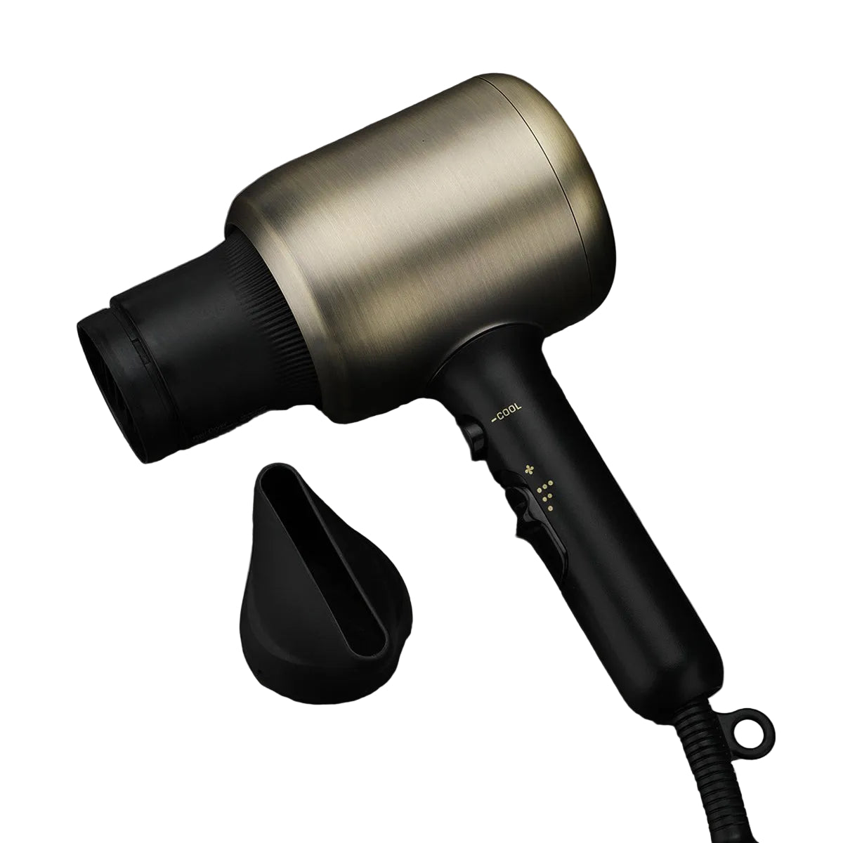 Black and gold hair dryer on a dark marble surface