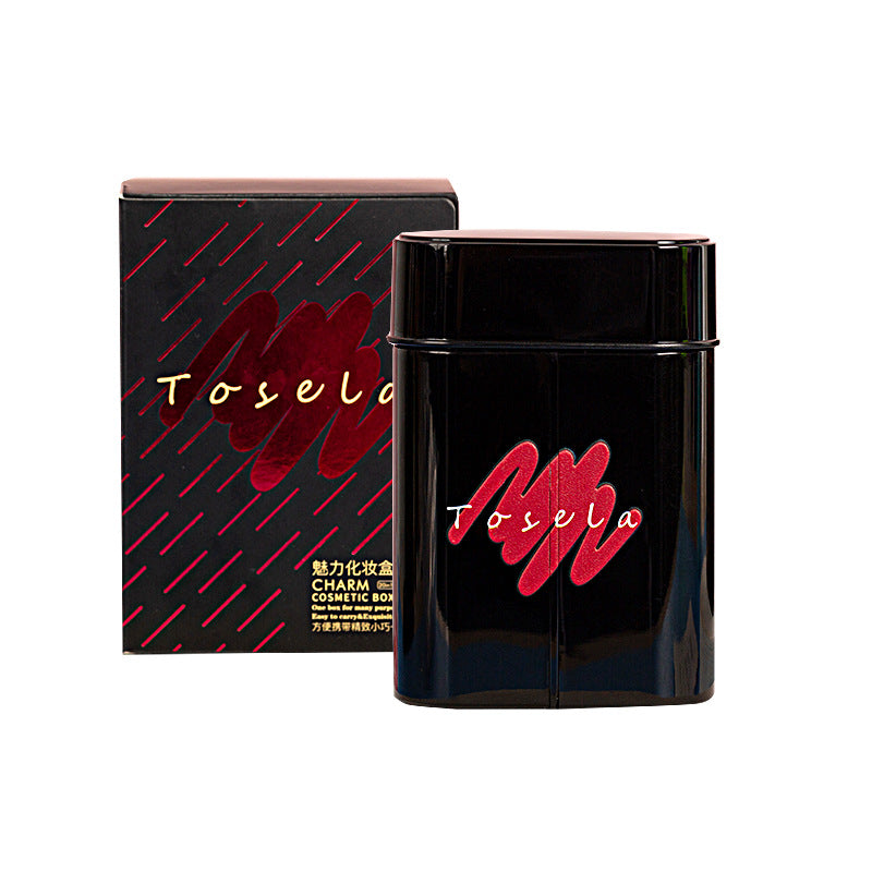 Black cosmetic container with red logo and matching box on a white background