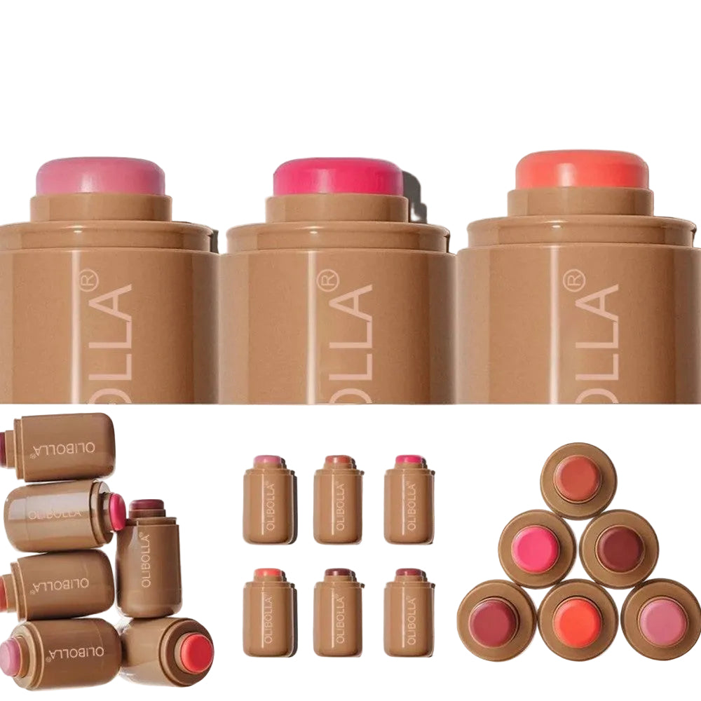 Collage of OLLA makeup products including lipsticks and blushes on a white background.