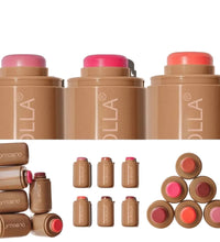 Collage of OLLA makeup products including lipsticks and blushes on a white background.