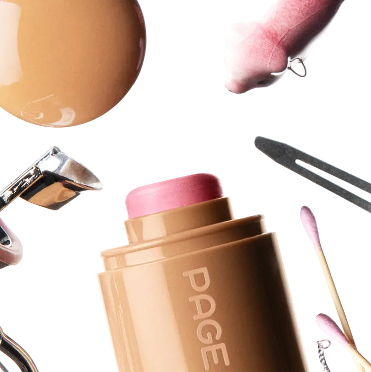 Cosmetic stick with pink cap and 'PAGE' branding, surrounded by makeup tools on a white background.