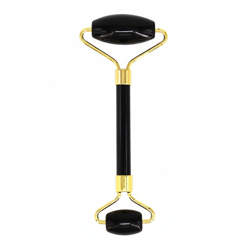 Glowing roller with black handle and gold accents on a white background