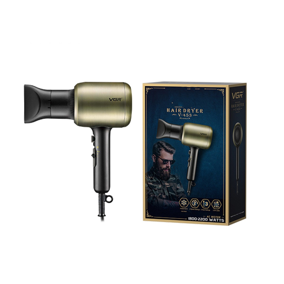 Gold and black hair dryer with VGR branding next to its packaging on a white background