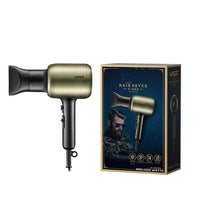 Gold and black hair dryer with VGR branding next to its packaging on a white background