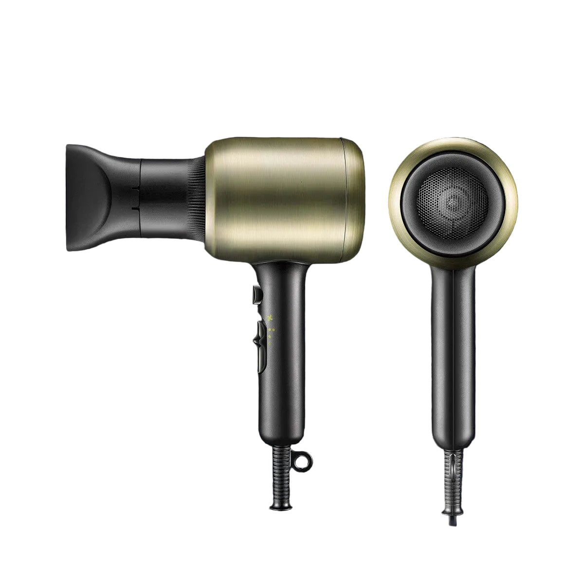 Gold and black hair dryer with nozzle attachment on a dark background