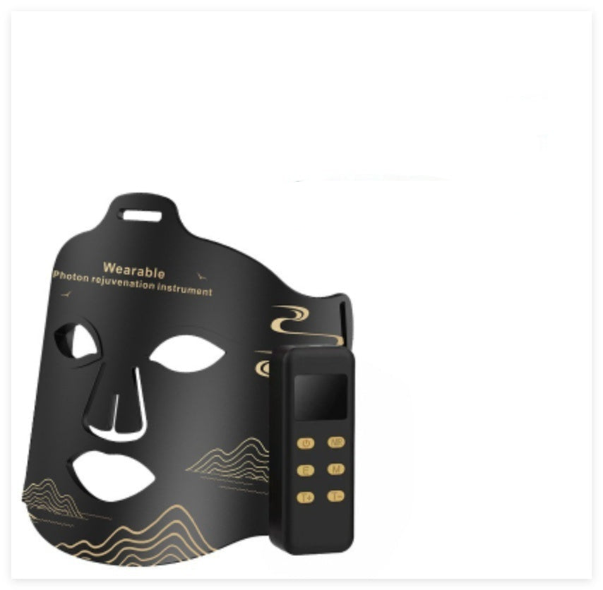 Black face mask with text detailing features on a white background