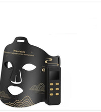 Black face mask with text detailing features on a white background