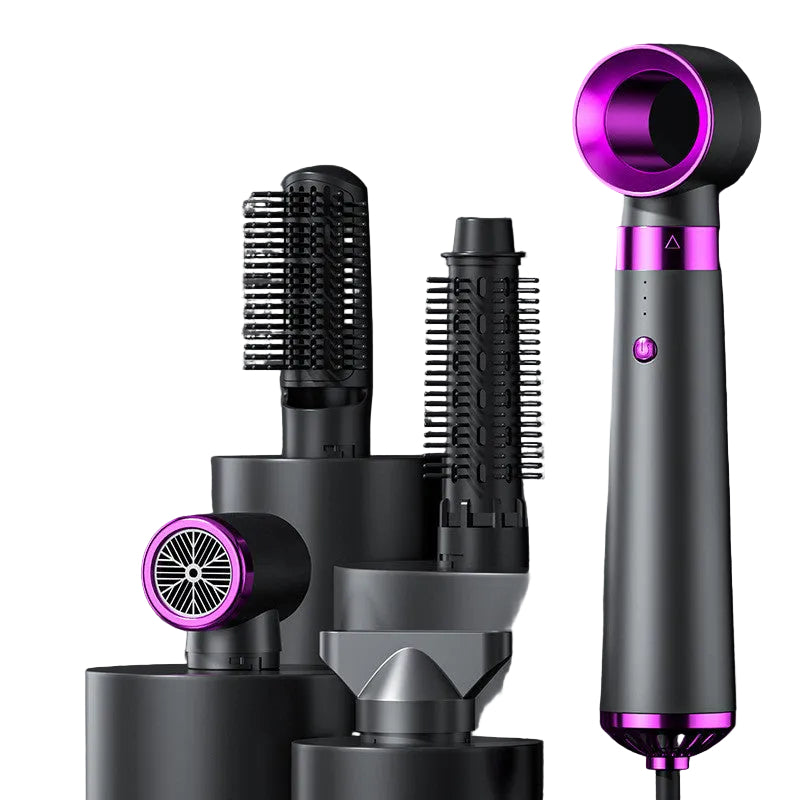 Luxioc 5-in-1 professional hair styler in elegant pearl white and gold accents. The set includes a high-velocity bladeless dryer head, two styling brushes,