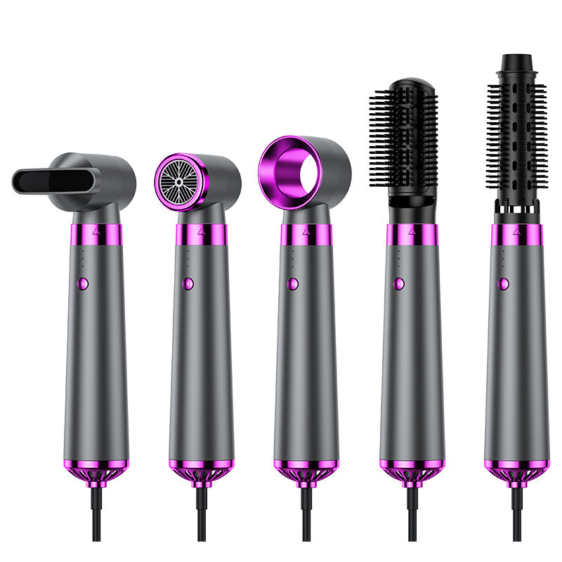 Luxioc 5-in-1 professional hair styler in elegant pearl white and gold accents. The set includes a high-velocity bladeless dryer head, two styling brushes, a concentrator nozzle, and a diffuser attachment displayed on minimalist blue pedestals.