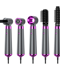 Luxioc 5-in-1 professional hair styler in elegant pearl white and gold accents. The set includes a high-velocity bladeless dryer head, two styling brushes, a concentrator nozzle, and a diffuser attachment displayed on minimalist blue pedestals.