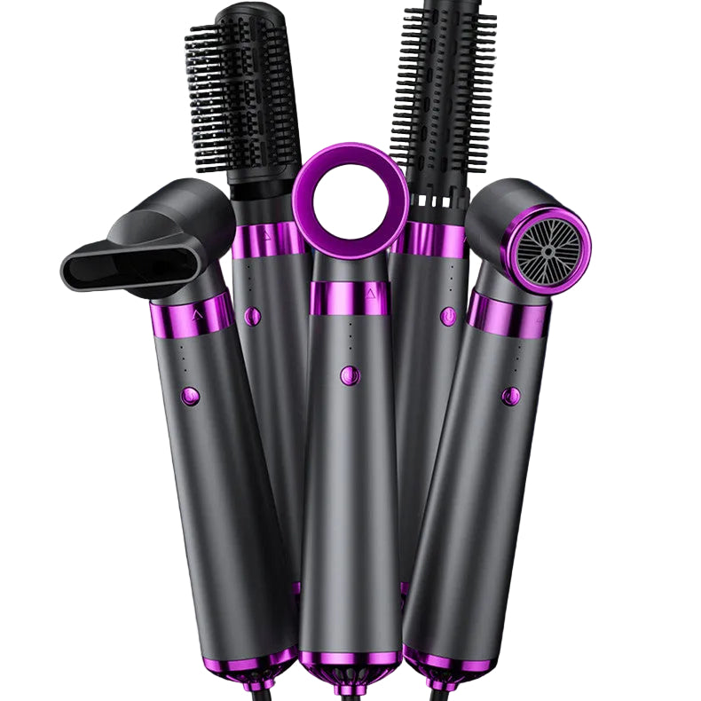 Luxioc 5-in-1 professional hair styler in elegant pearl white and gold accents. The set includes a high-velocity bladeless dryer head, two styling brushes, a concentrator nozzle