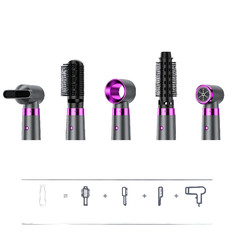 Luxioc multi-functional hair dryer and styler kit in sleek charcoal grey with metallic purple trim. The 5-piece set features a modular handle with interchangeable attachments for drying,