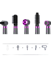 Luxioc multi-functional hair dryer and styler kit in sleek charcoal grey with metallic purple trim. The 5-piece set features a modular handle with interchangeable attachments for drying,