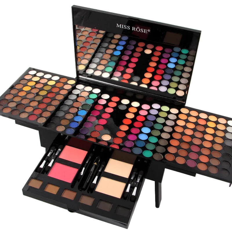 Makeup palette set with various colors and tools on a white background, featuring the brand 'Miss Rose'.