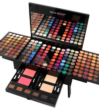 Makeup palette set with various colors and tools on a white background, featuring the brand 'Miss Rose'.