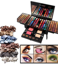 Makeup palette with eyeshadows and a display of eye makeup looks.
