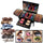 Makeup palette with eyeshadows and a display of eye makeup looks.
