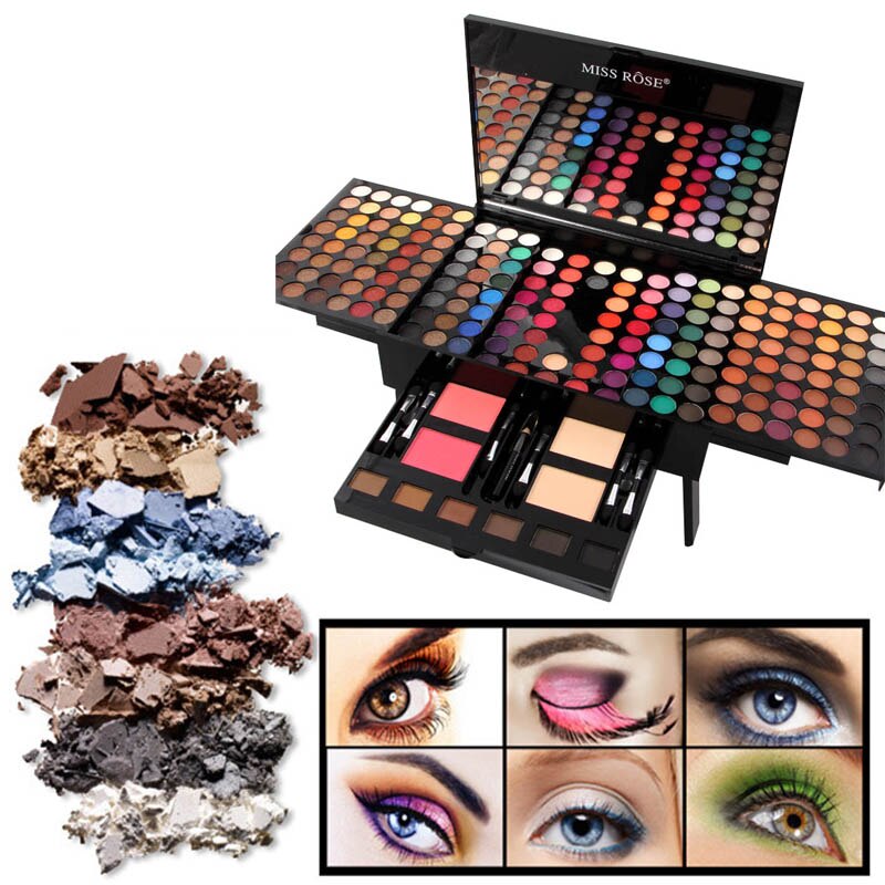 Makeup palette with eyeshadows and a display of eye makeup looks.