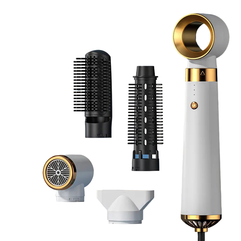 Luxioc multi-functional hair dryer and styler kit in sleek charcoal grey with metallic purple trim. The 5-piece set features a modular handle with interchangeable attachments for drying