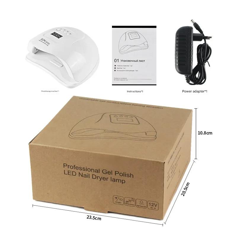 Nail dryer lamp with packaging, power adapter, and dimensions displayed.