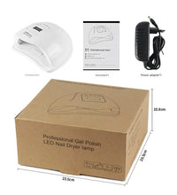 Nail dryer lamp with packaging, power adapter, and dimensions displayed.