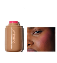 Olibella makeup stick with a close-up of a person wearing it on a white background