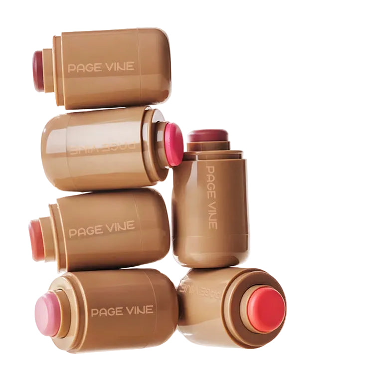 Page Vine cosmetic products with brown and pink packaging on a white background