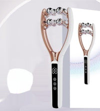 Pair of electronic facial massagers with digital displays on a white background
