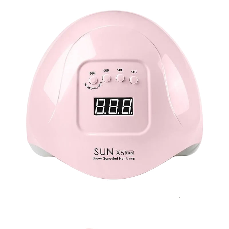 Pink nail lamp with digital display and Australian plug adapter on a white background