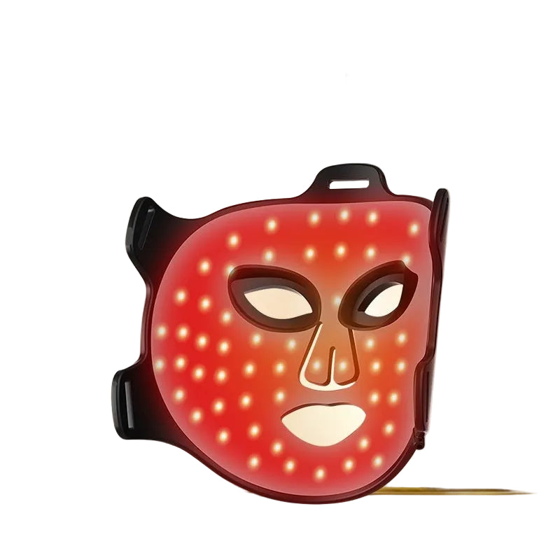 LED face mask with technical specifications on a beige background