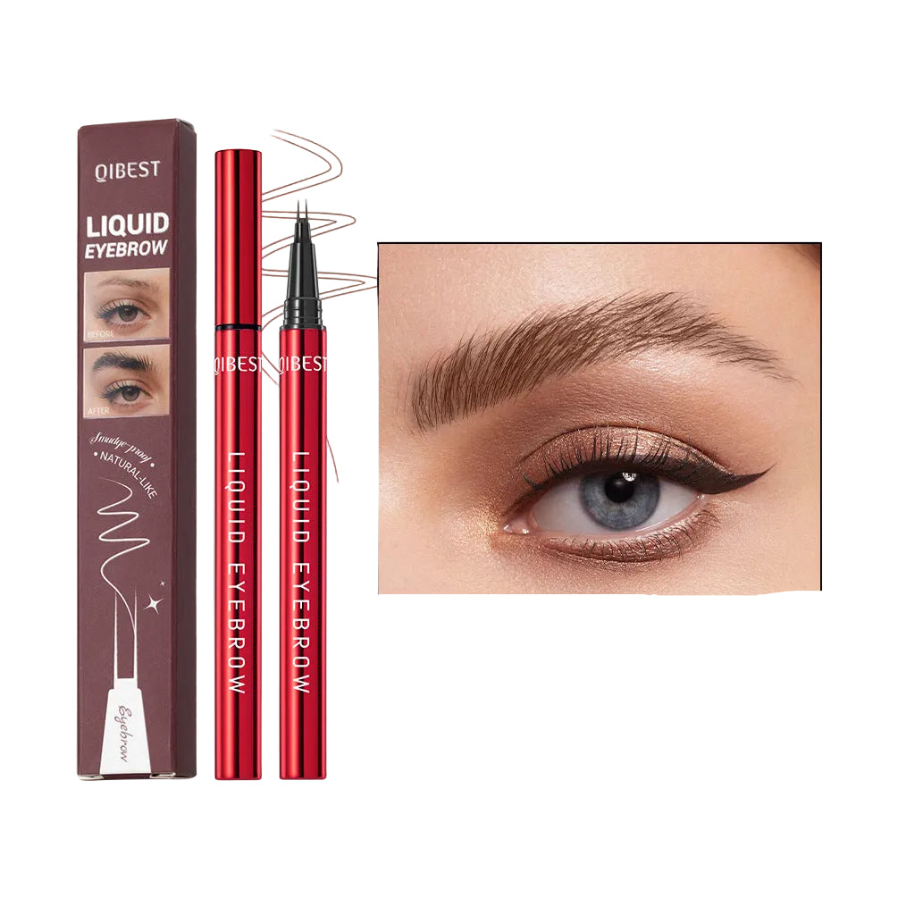 Qibest liquid eyebrow pencil with packaging and an application example on a white background