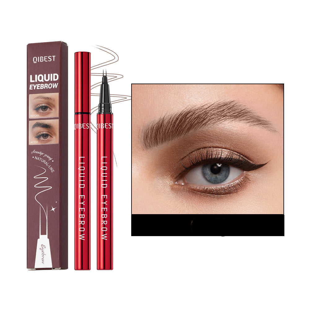 Qibest liquid eyebrow pencil with packaging and an application example on a white background