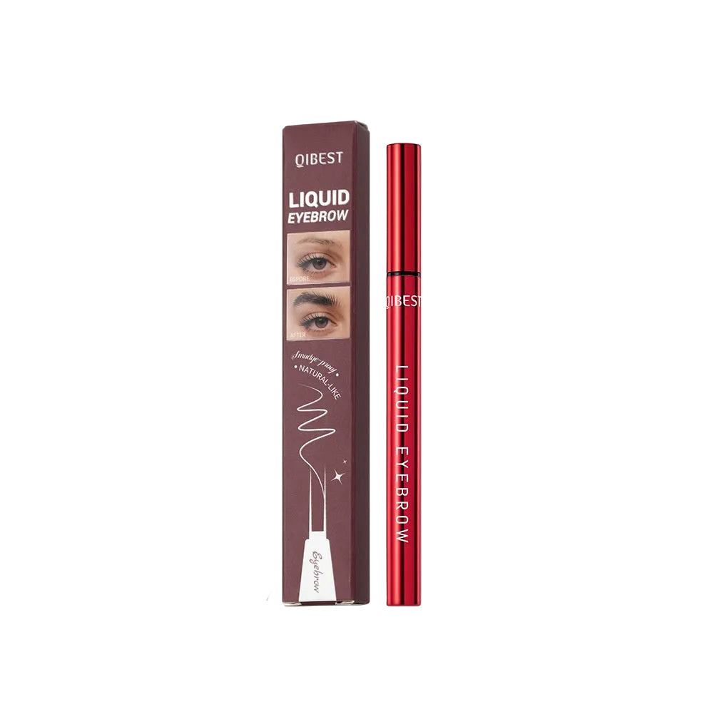 Qibest liquid eyebrow pencil and packaging with dimensions on a white background