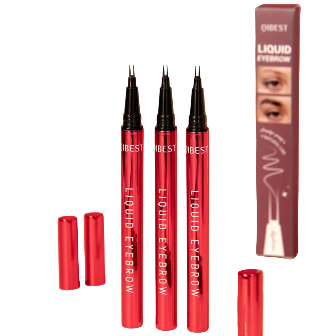 Red liquid eyebrow pens with black tips on an orange background, featuring Orest branding.