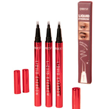 Red liquid eyebrow pens with black tips on an orange background, featuring Orest branding.