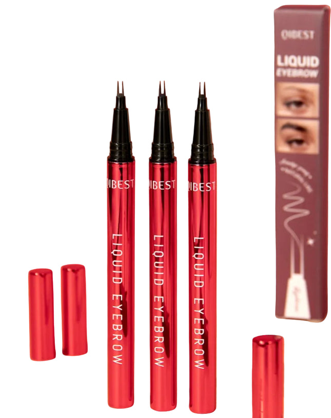 Red liquid eyebrow pens with black tips on an orange background, featuring Orest branding.