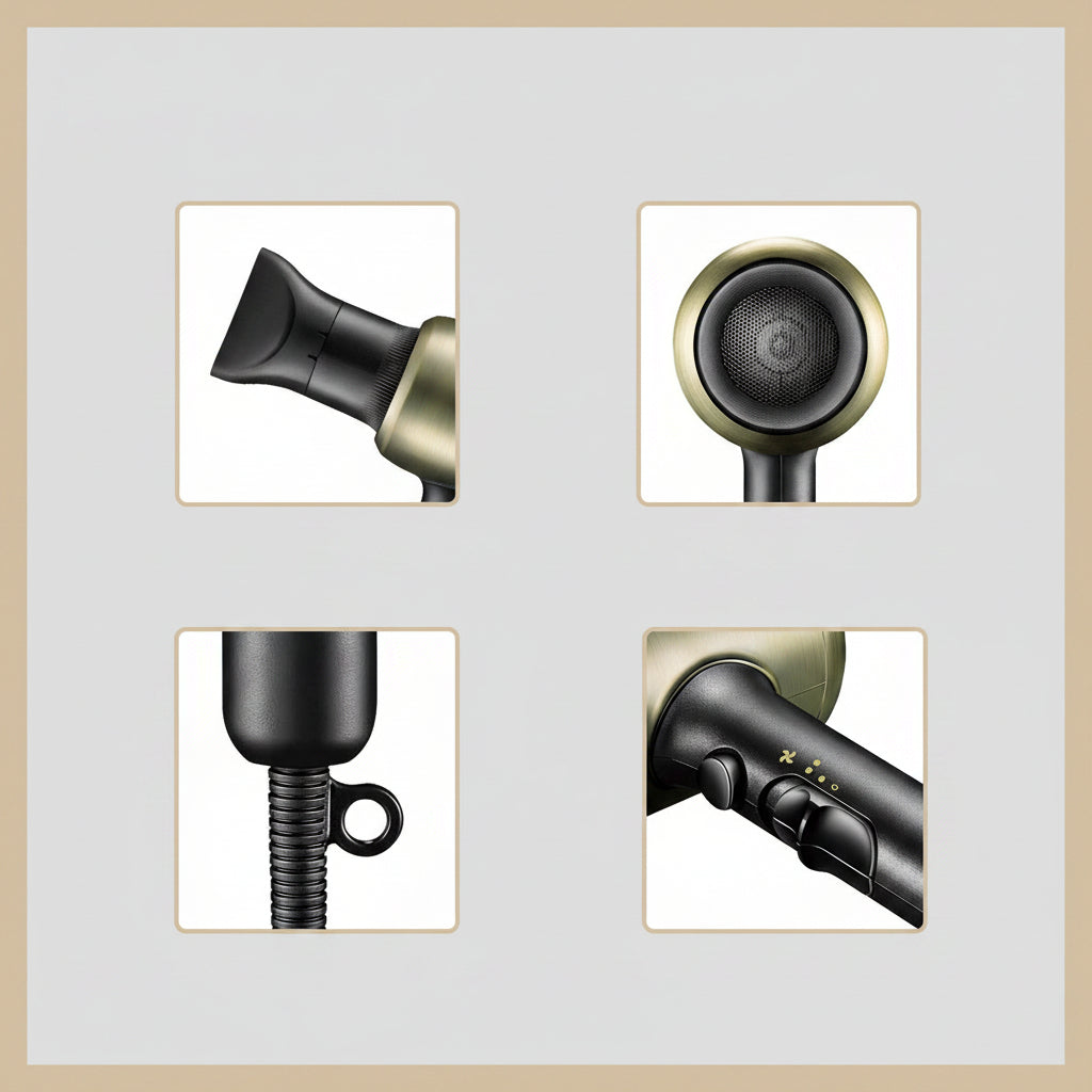 Set of four images showing different parts of a hair dryer on a black background.