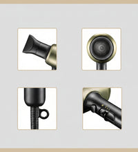 Set of four images showing different parts of a hair dryer on a black background.
